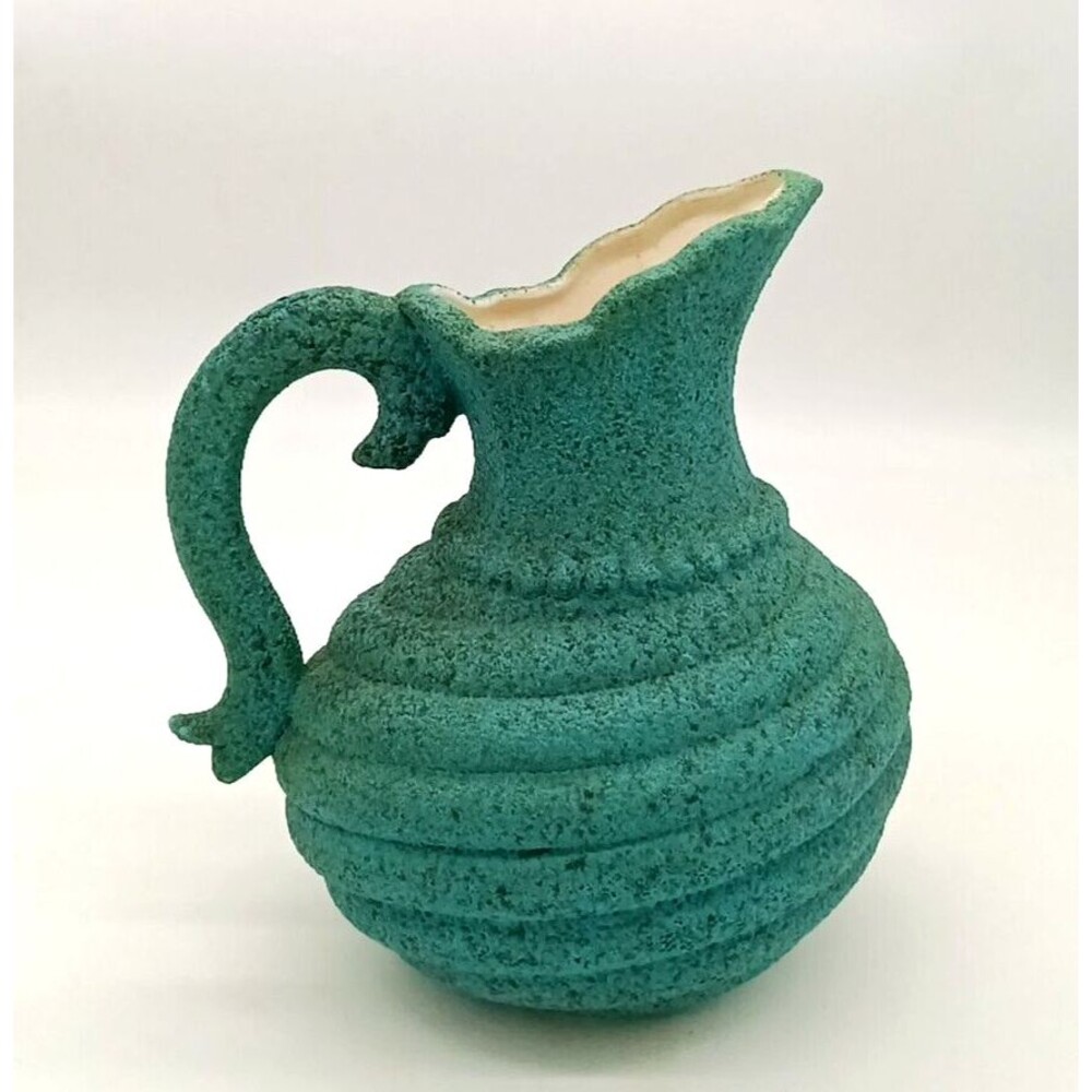 Vtg Art Pottery Unique Turquoise Textured  Ribbed Art Deco Style 9" Pitcher Vase